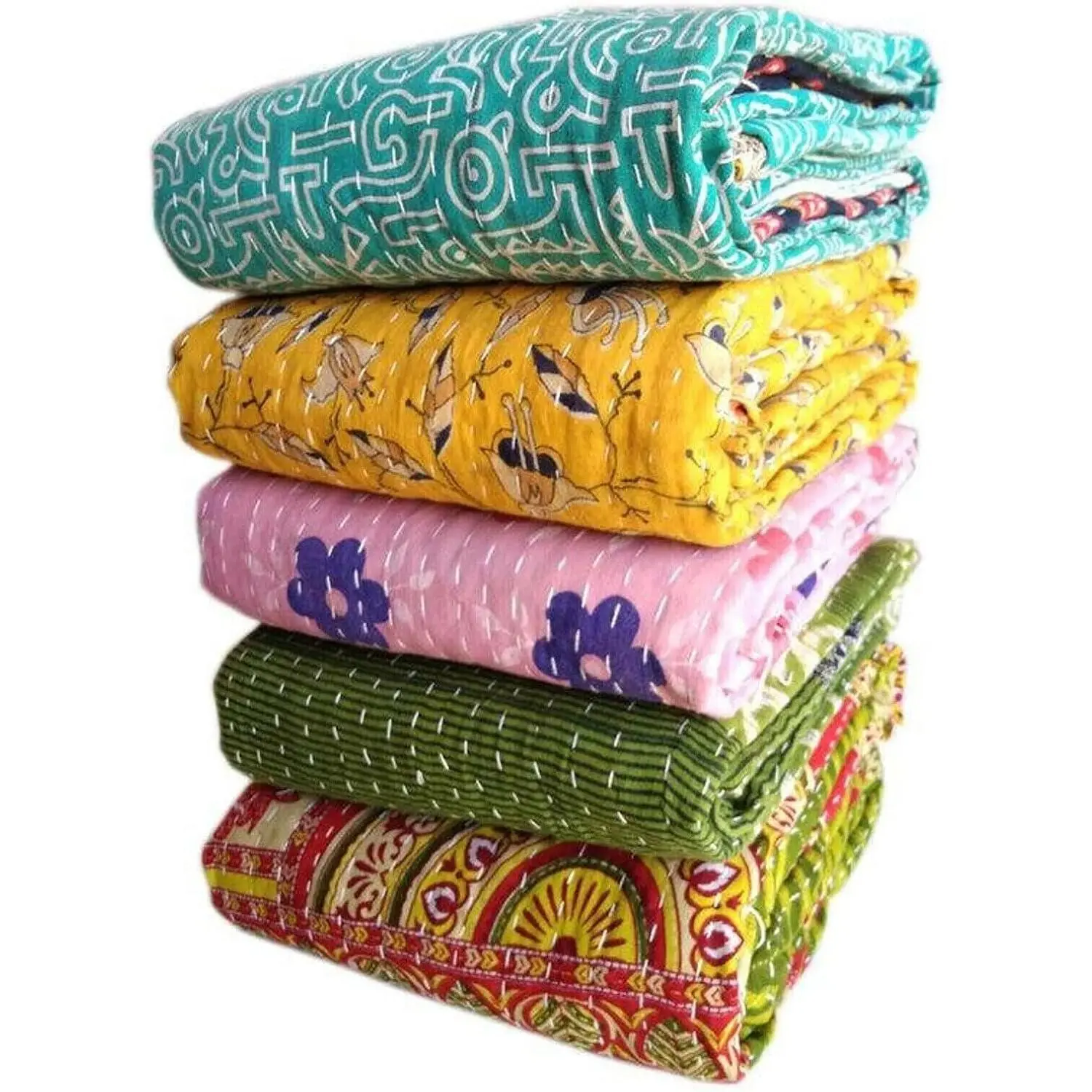 Indian  Reversible  Blanket Kantha Throw Hippie Bohemian  Saree Made  Kantha Bedspread Rally Quilt (1 Quilt)