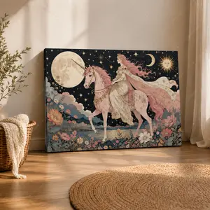 Celestial Princess with Unicorn Horizontal Canvas Wall Art, Vintage Mystical Painting Poster, Whimsical Night Sky Home Decor, Available as Unframed Canvas Poster or Framed Canvas Wrap