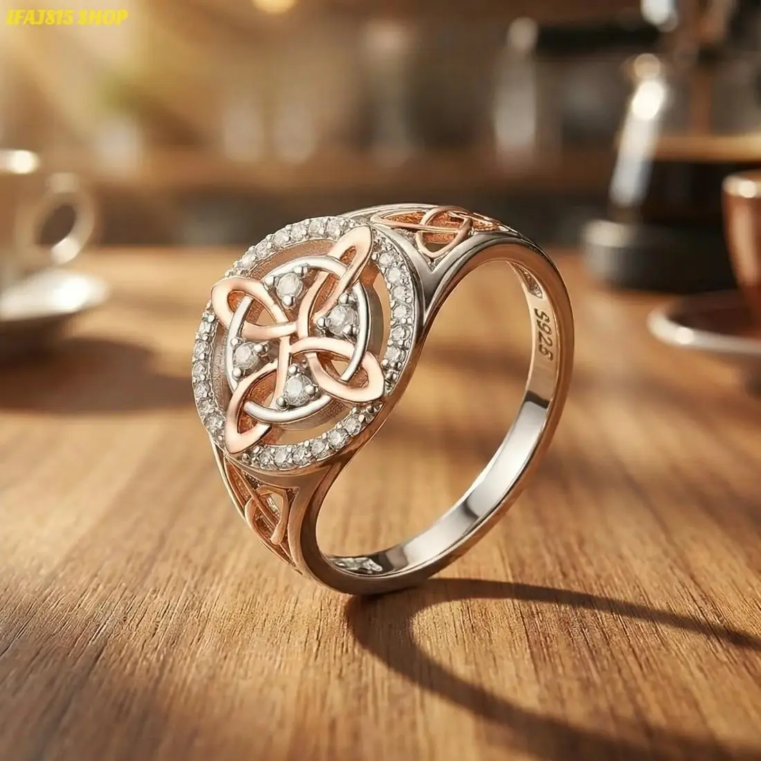 Rose Gold Plated Celtic Knot Ring Anillo Nudo de Bruja Plata Original Witch Knot Jewelry, Cubic Zirconia Decorated  Witches Knot Ring, Witchtok Witch Jewerly Pagan Jewelry for Devotion for Protection Gift for Her,Mother's day Gift