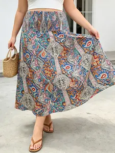 Plus Size Boho Print Midi Skirt, High Waist Elastic Waist, Loose-Fitting Contrast Mesh, Casual All over Print Skirt for Vacation Style
