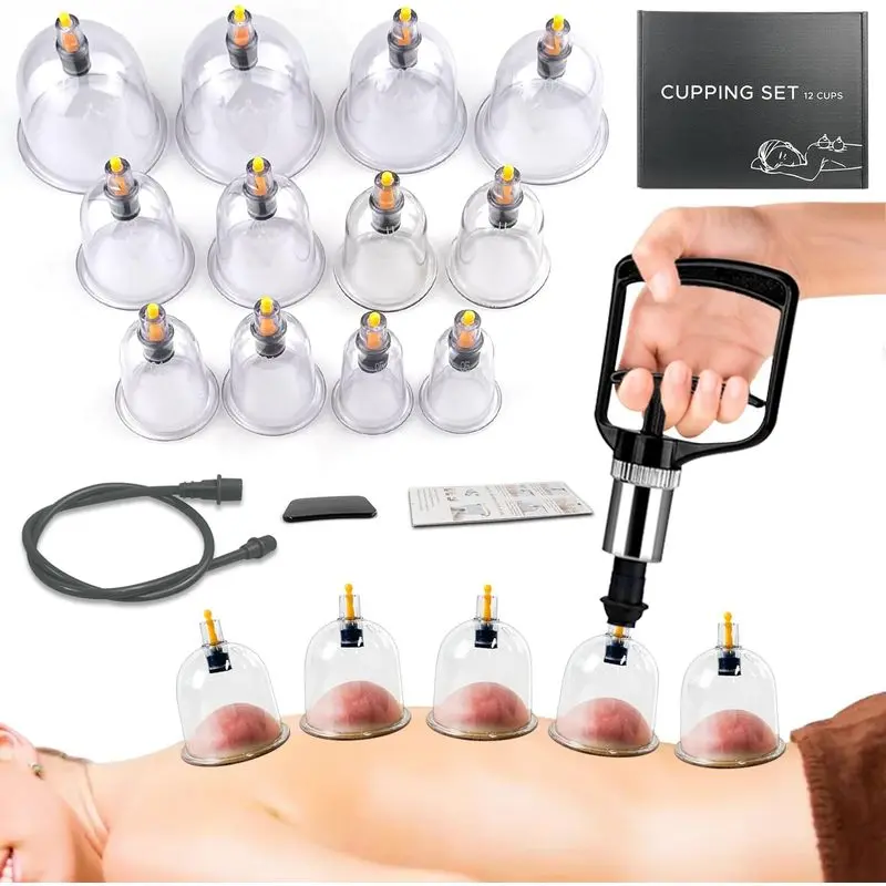 12PCS Cupping Massage Kit with Hand Pump, Reusable Vacuum Massage Cups for Back, Shoulders, Arms, Legs, Post-Workout Care, Home Relaxation & Body Massage