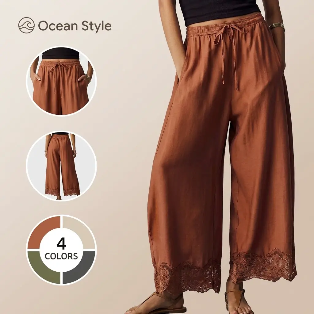 Women's Modest Islamic Modern Palazzo Pants - Summer Oversize Wide-Leg Long Trousers with Loose Casual Chic Style, Elastic Waist, Lace Patchwork, Asymmetrical Hem, Pockets, Plain Design for Daily Wear
