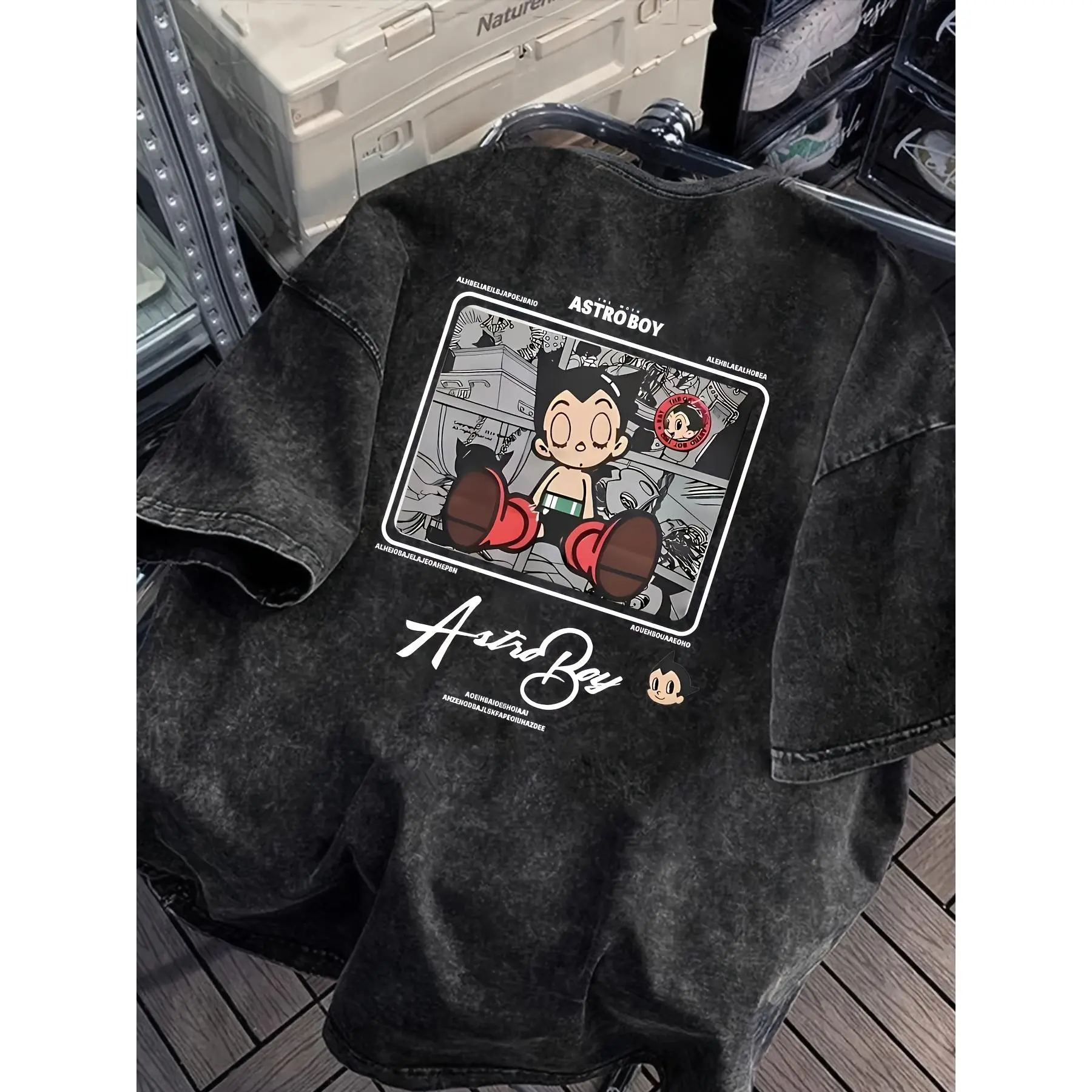 Washed Vintage Graphic Tee Men Summer Back Print Astro Boy Classic Anime Box Frame Character Cursive Signature Print Crew Neck Loose Casual Streetwear Daily Tops