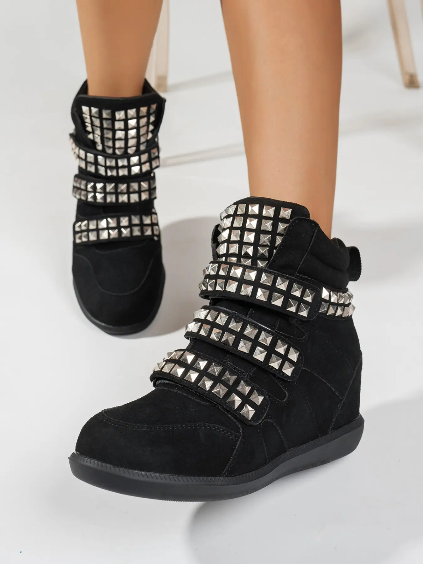 Women's Multi-Layer Rivet Velcro High Top Shoes, Punk Style, Anti-Slip Thick Rubber Sole, Spring & Fall, Casual Fashion Sneakers