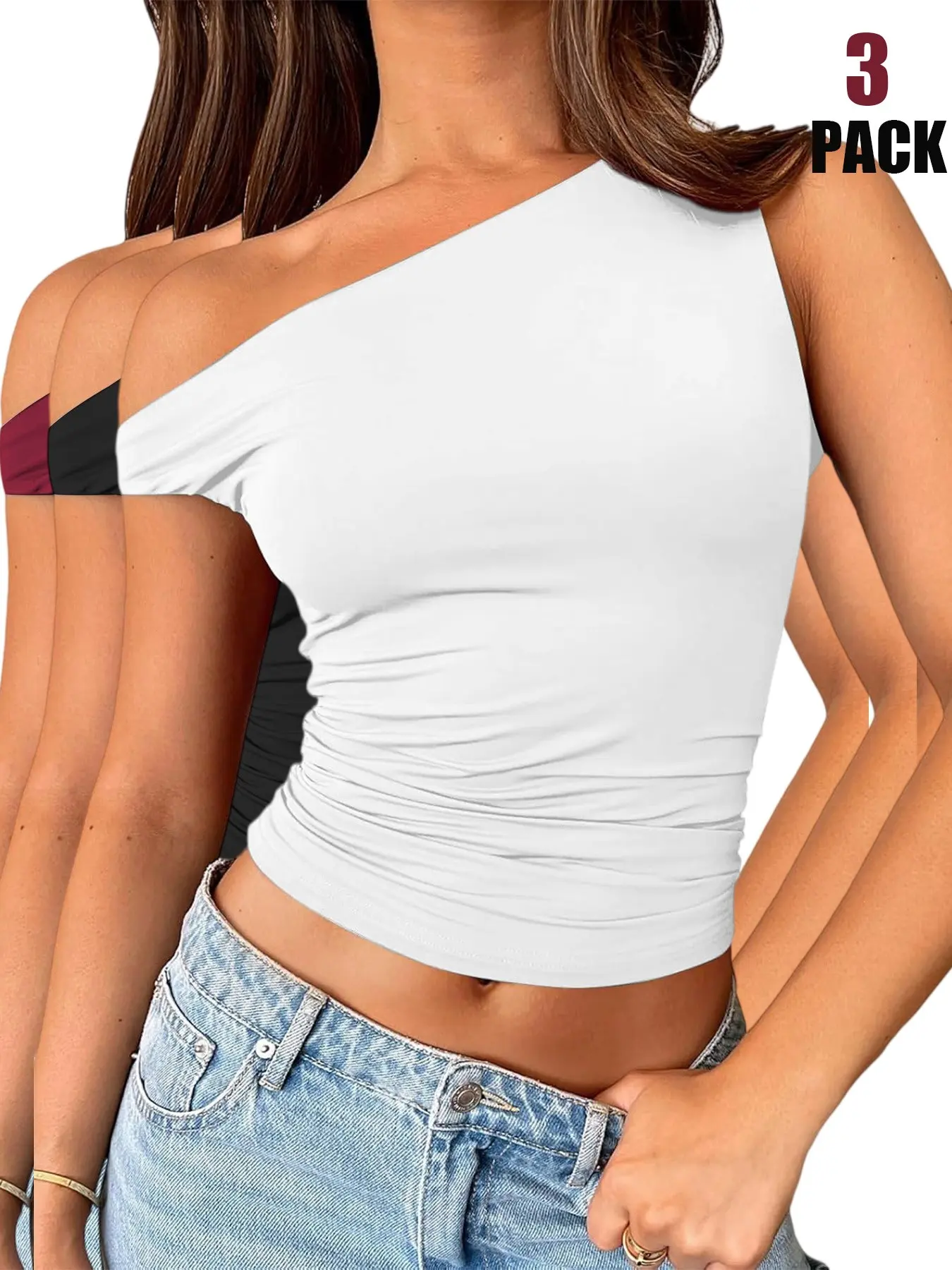 Summer Fashion One Shoulder Top | Slim Fit Ruched Crop Tank with Asymmetrical Neckline | Trendy Urban Casual Wear for Going Out & Beach Summer Casual Sleeveless