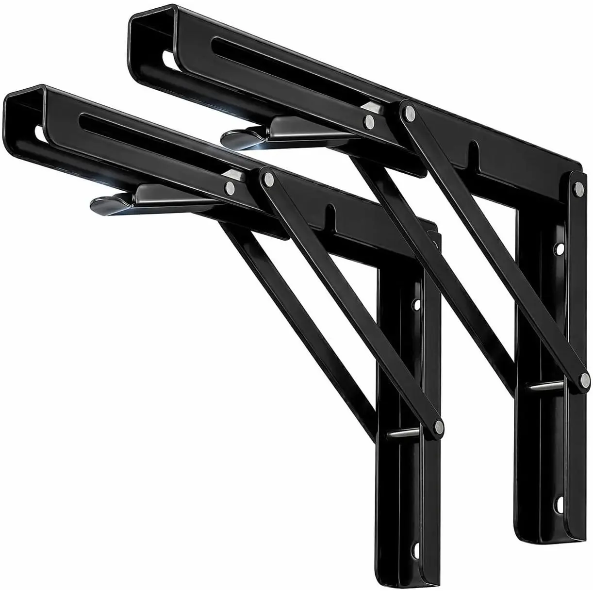 8 Inch Heavy Duty Folding Shelf Brackets, 2 Pack, Black Steel | Up to 300 lb per pair with wide easy-release tabs for collapsible shelves, laundry tables, workbenches, and RV counters.