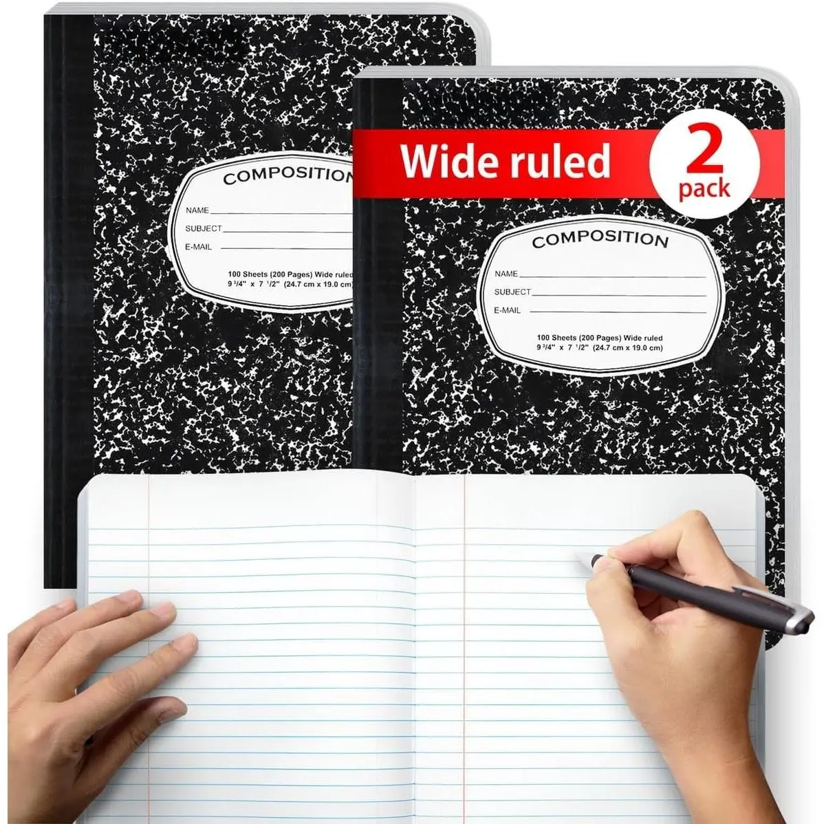 Composition Notebook Wide Ruled 2 PK Bulk 200 Pages for School