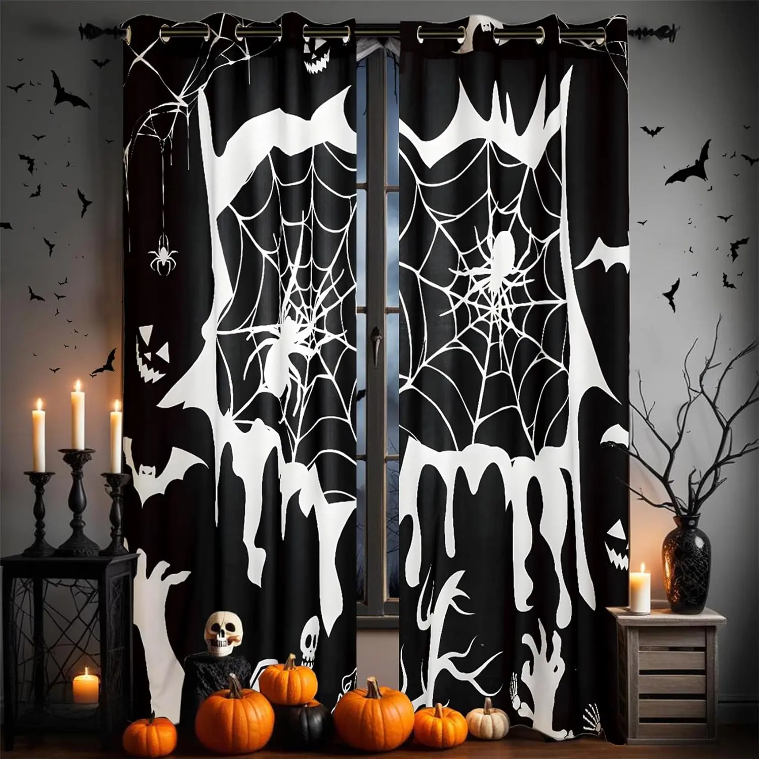 Skull Spider Web Halloween Curtains for Bedroom Living Room Window,Gothic Window Drapes with Grommet,Black Curtains for Haunted House Decor,55" Wx84 L(2 Panels,Black)