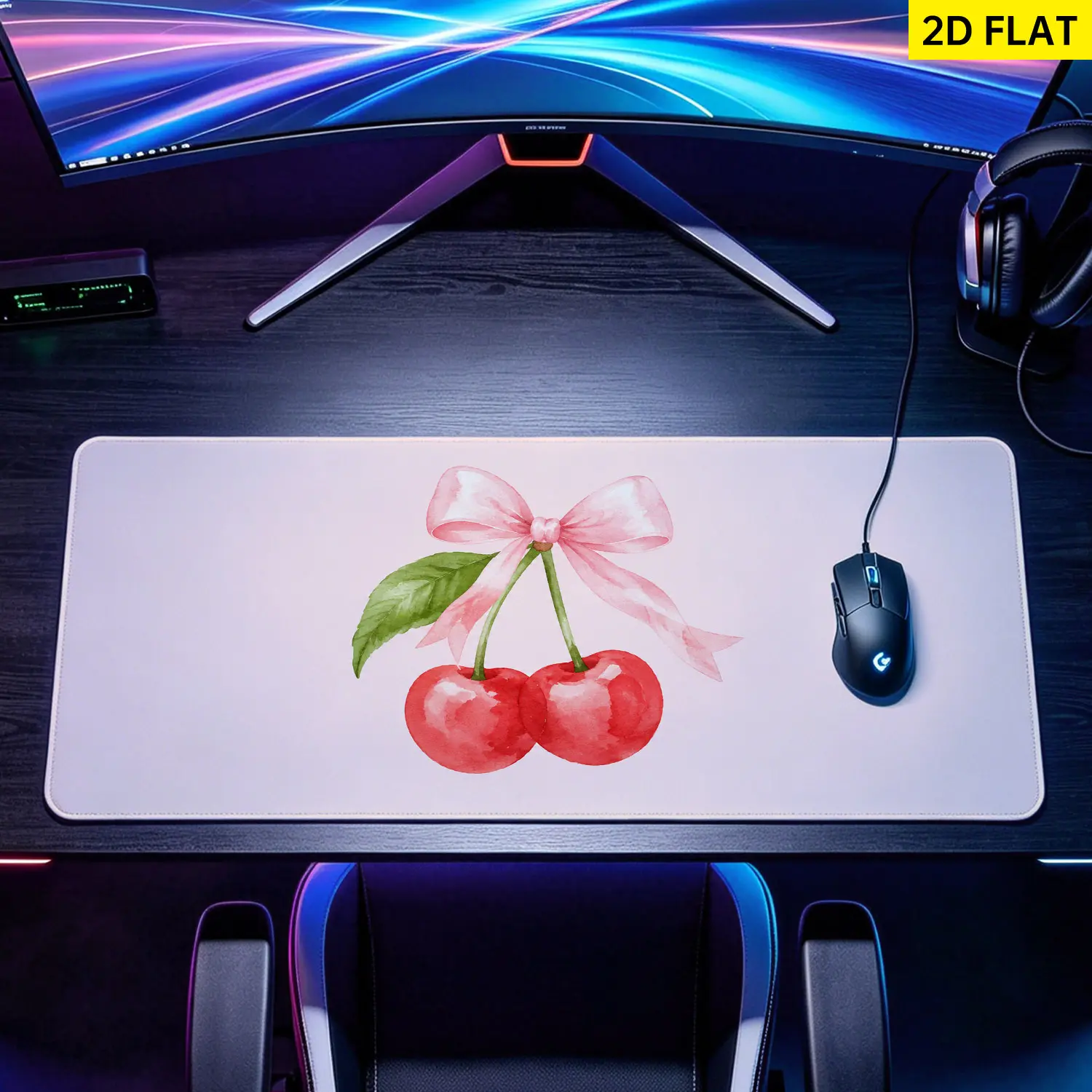 Extra Large watercolor cherry with pink bow Mouse Pad,Non Slip Rubber Pad,Desktop Decoration Drotection Pad,Washable,Lock Edge Multi Size,Premium Multipurpose Mousepad For Office,Home,Gift for Family and Friends