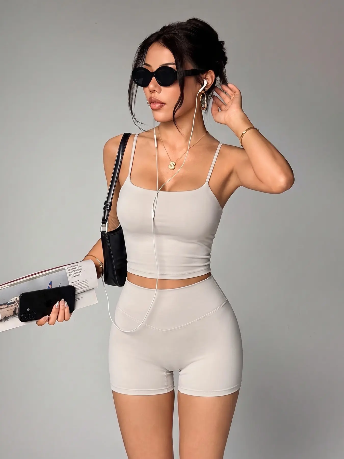 Women's Sport Casual 2-Piece Set, Matching Gym Set, Sexy Backless Square Neck Solid Spaghetti Strap Cropped Cami Top with Chest Pads and High Waist Tummy Control Butt-Lifting Biker Shorts, for Yoga, Training, Gym and Daily Wear