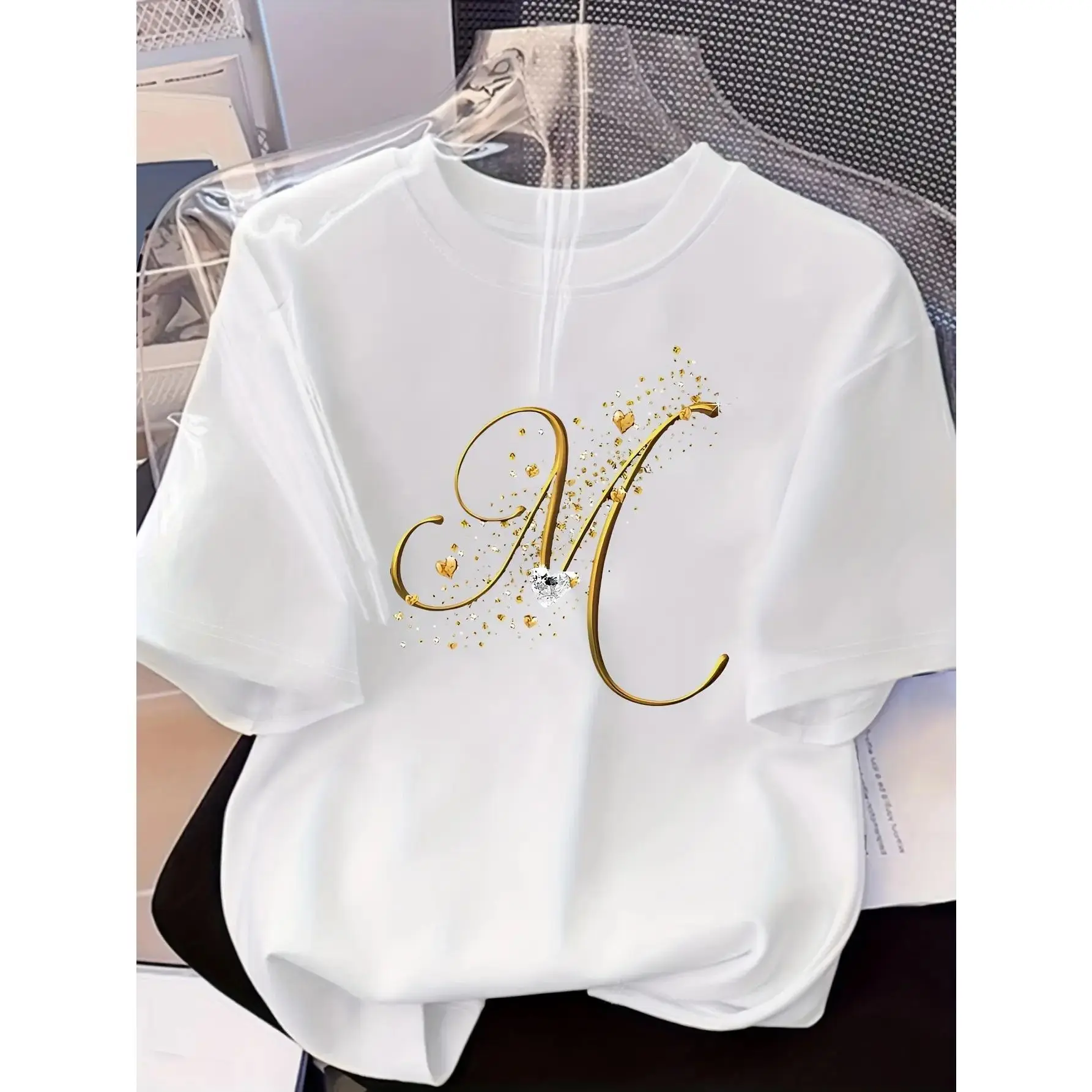 Women's M Letter Graphic T-Shirt, Minimalist Monogram Tee, Casual Short Sleeve Basic Top, Everyday Fashion Shirt