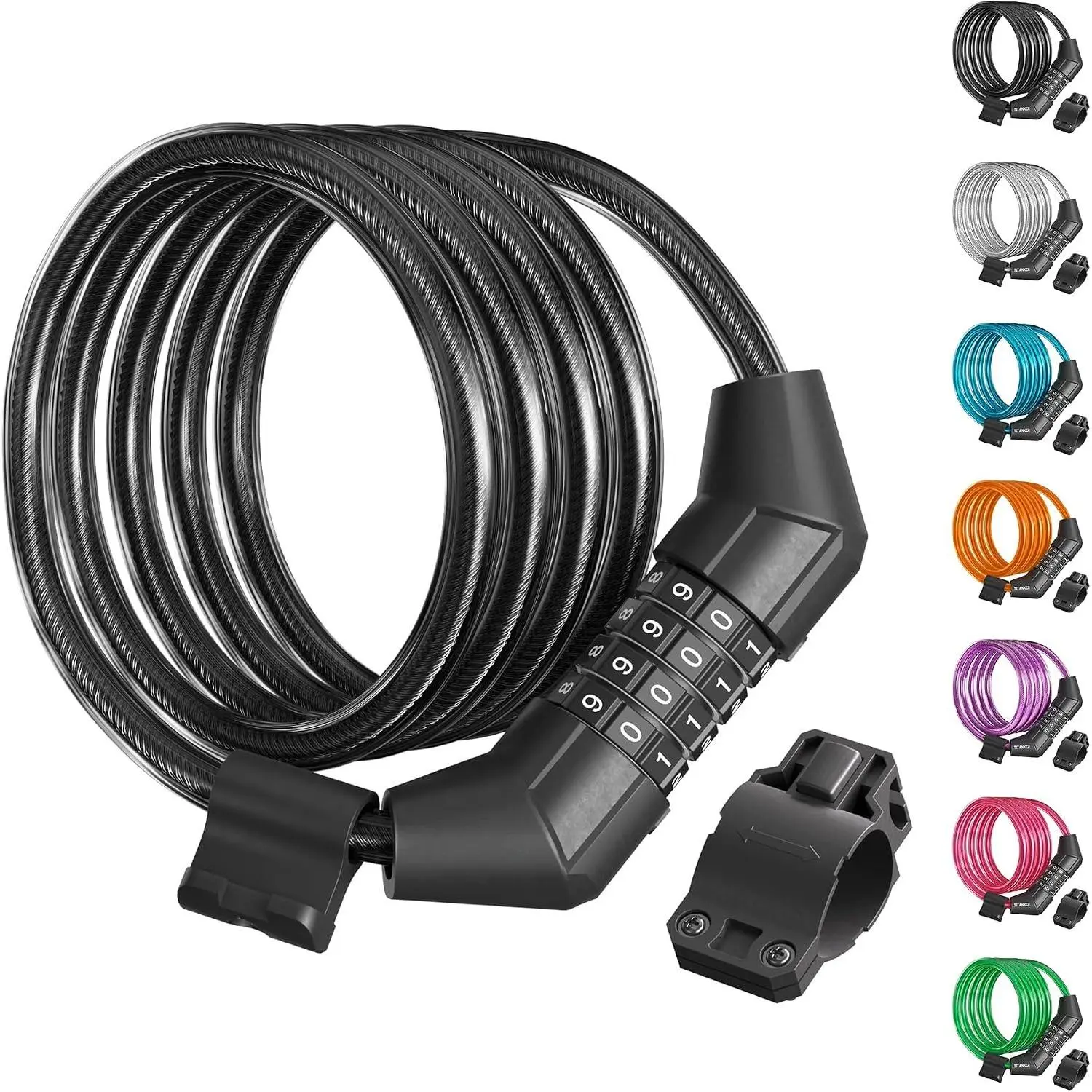 Lock , 4    Lock  Self Coiling   Lock Combination with Complimentary Mounting Bracket, 5/16 Inch Diameter (4FT, Black-8mm)