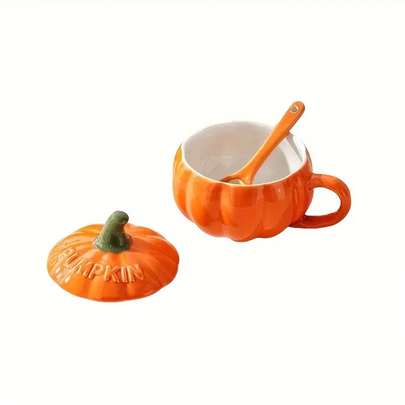Charming Pumpkin Ceramic Coffee Mug with Lid & Spoon, Perfect for Fall, Halloween, Thanksgiving, Reusable Breakfast Cup, Ideal for Hot/cold Beverages
