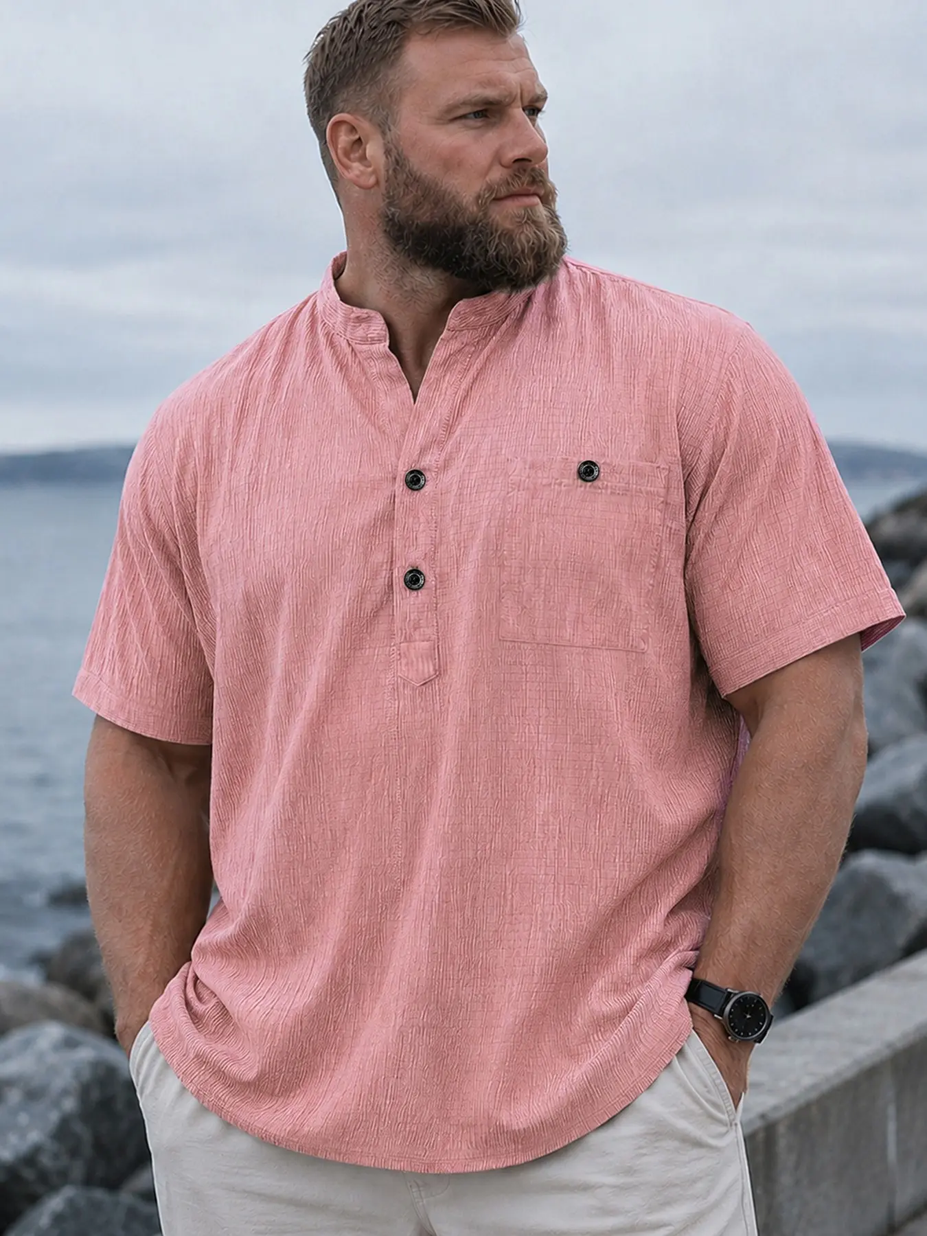 Men’s Plus Size Short Sleeve Henley Shirt 2xl-6xl, Lightweight Breathable Textured Stand Collar Top, Loose Fit Casual Summer Shirt