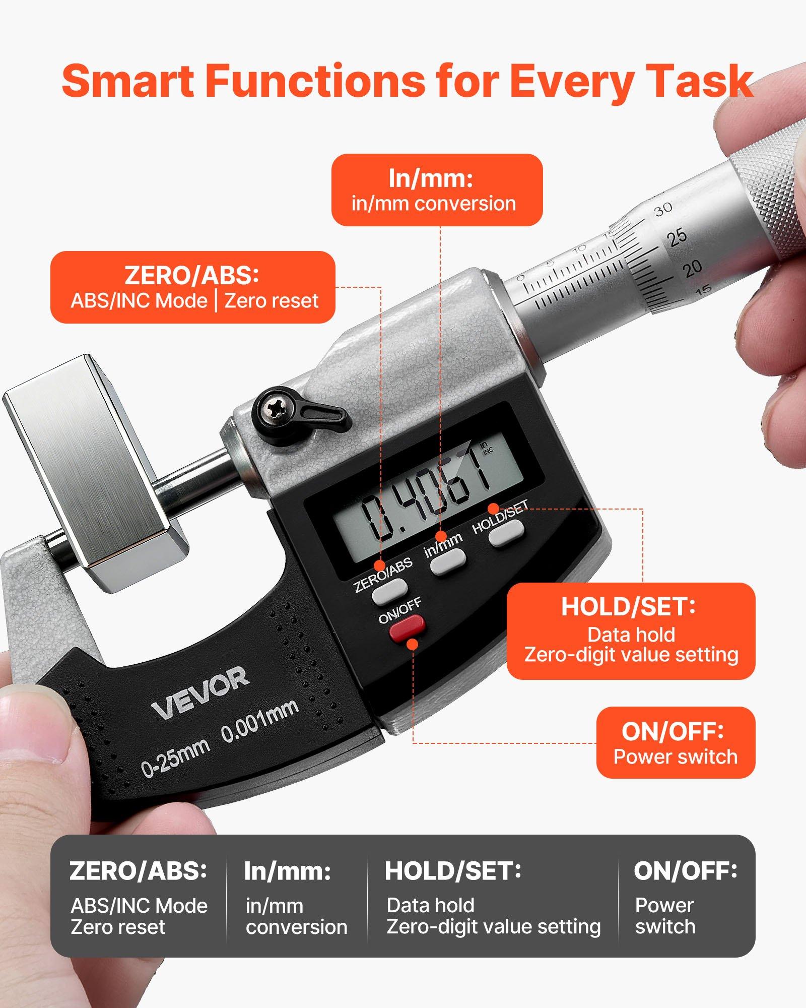 VEVOR Micrometer Set, Digital Outside Micrometer 0-1 inch Measuring Range, 0.00005" Resolution, Ultra-Precision 0.0001 Accuracy, LCD Screen, in/mm Switch, Carbide Tip, with Protective Case