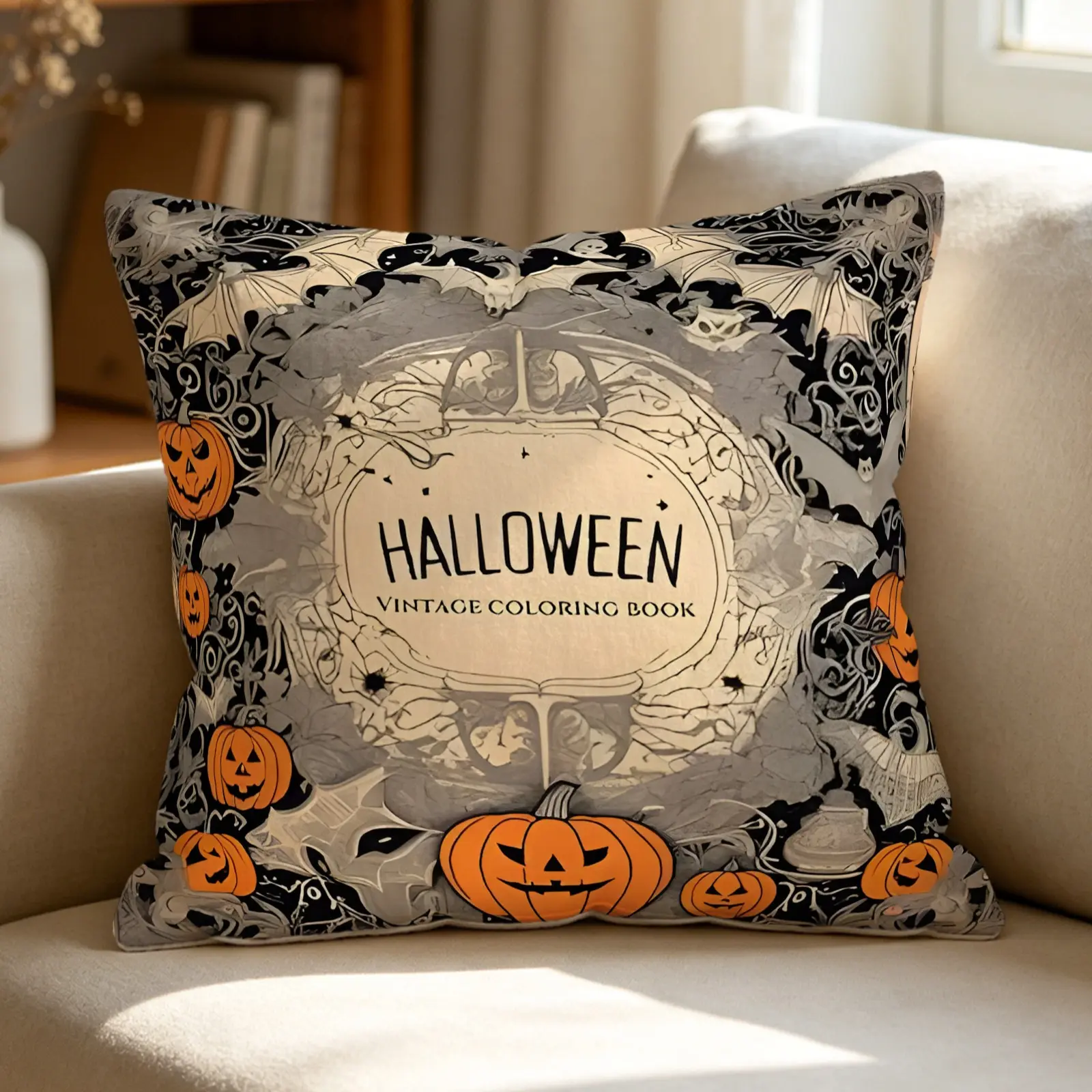 Vintage Halloween Throw Pillow, Soft Square Cushion That Includes Pillow Core, Decorative Accent Pillow With Pumpkin Ghost Haunted House Pattern, Multi-Scene Decor For Couch Bedroom, Spooky Holiday Home Ornament For Adults