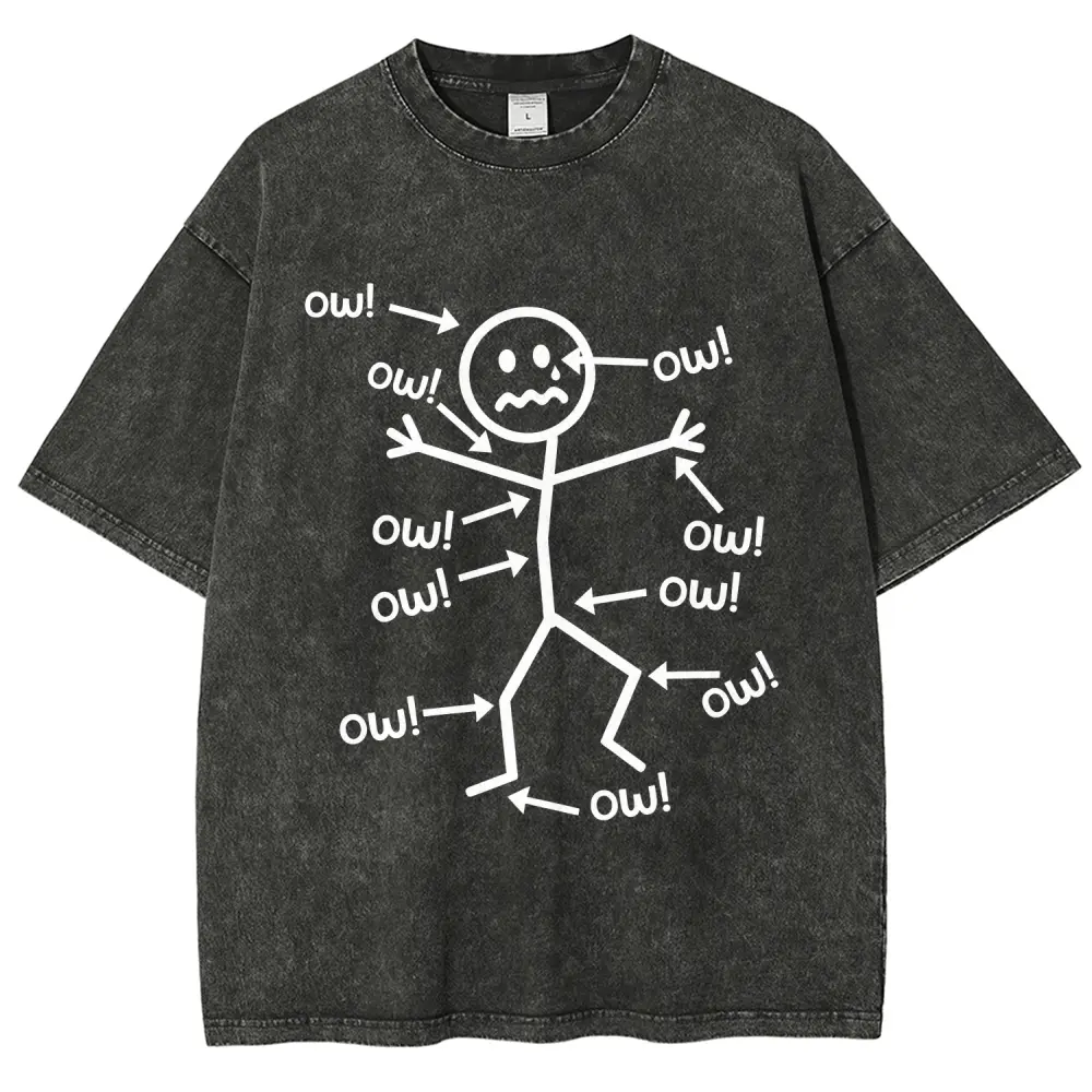 Unisex Ow! Simple stick figure aching all over from long hours at work Graphict Washed T-Shirt Personalized Pattern Y2k Clothing Round Neck Washed T-Shirt,Women's Clothing 100% Cotton, Menswear, Top, Vintage Style,Summer Casual Oversized
