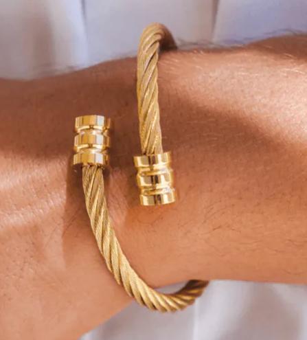 Gold-Tone Cable Bangle Bracelet with Magnetic Clasp for Men and Women