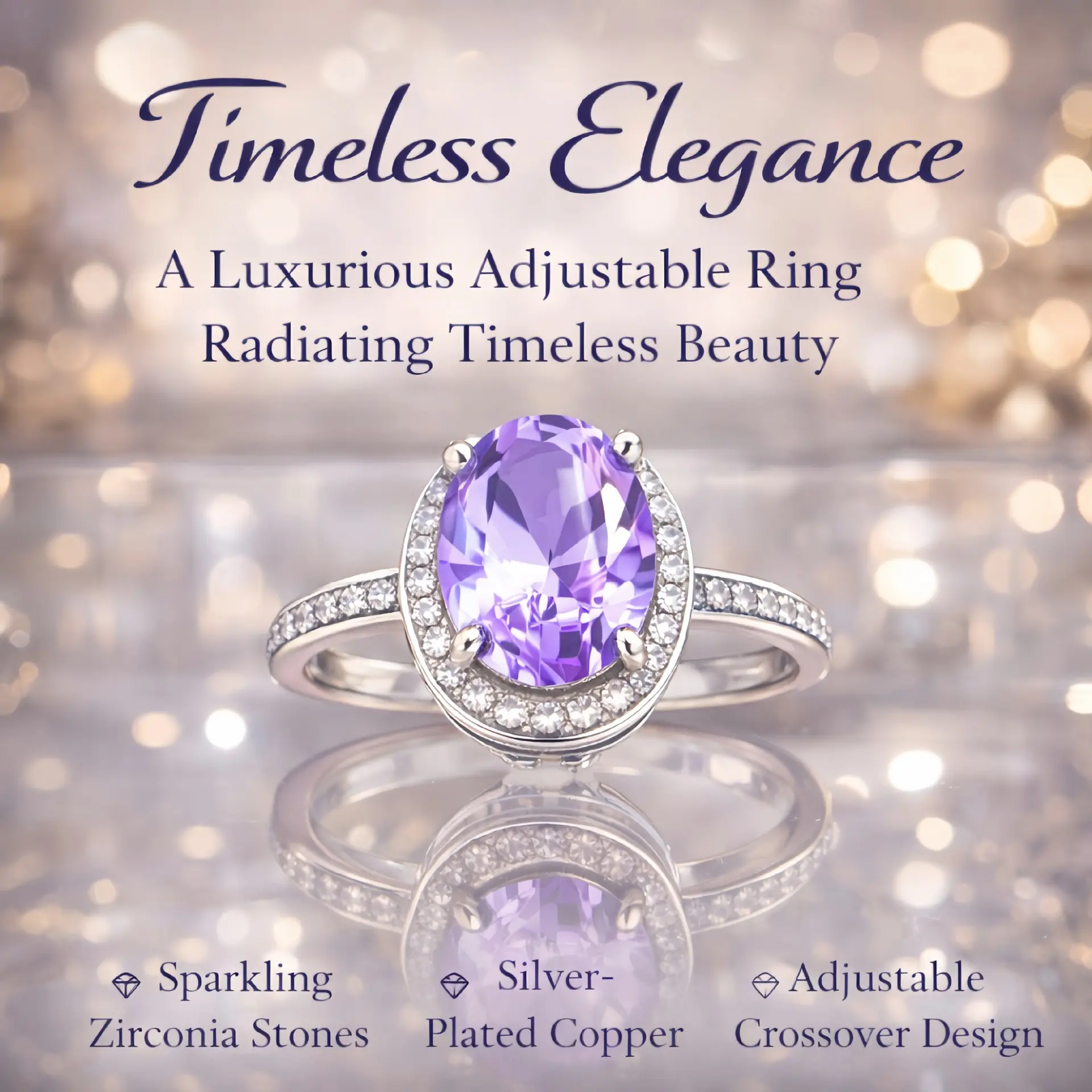Oval Purple Synthetic Zircon Halo Open Ring, Copper Plated Silver Hollow Shank Luxe Women Fashion Jewelry, Elegant Promise Ring, Gift For Her On Valentine’s Day, Anniversary And Refined Romantic Formal Date Occasions
