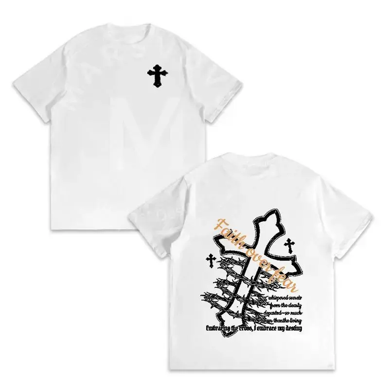 Men's Faith Over Fear Graphic Tshirt - Cross Barbed Wire Print, Round Neck, Relaxed Fit, Cotton, Oversized Casual Menswear, Y2K Vibe, Streetwear, Urban Fashion, Daily Wear Soft Comfortable Top