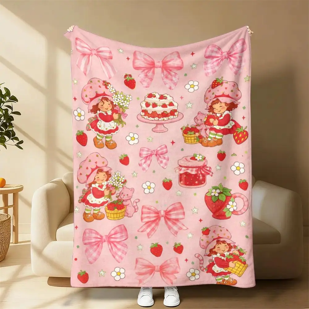 Strawberry Shortcake Kawaii Print Flannel Throw Blanket, cooling blankets cooling blanket blankets quince bedding, Soft Plush Lap Blanket Pink Bow Strawberry Floral Vintage Cartoon Sofa Decor Movie Night Birthday Gift For Girls Cartoon Fans