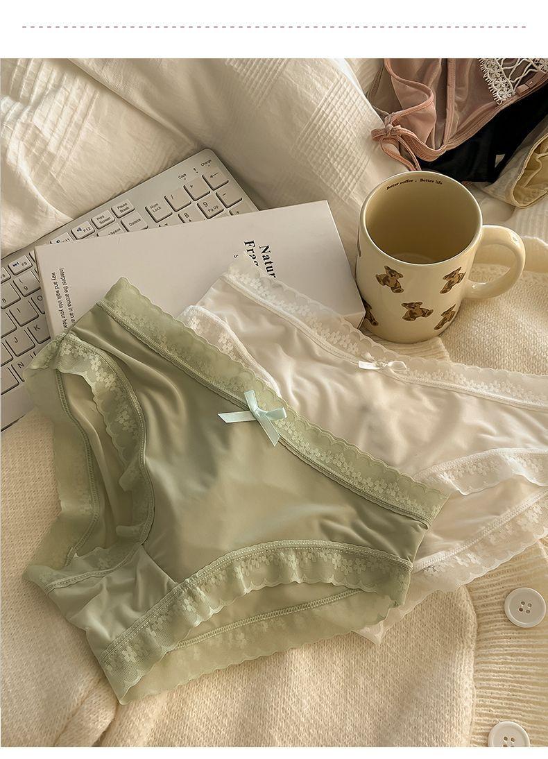 "Cream Girl" [Butt Mask Pants] Spring/Summer Color Ice Silk Panties for Girls, Mid-Waist, Quick-Dry, Lace Trim