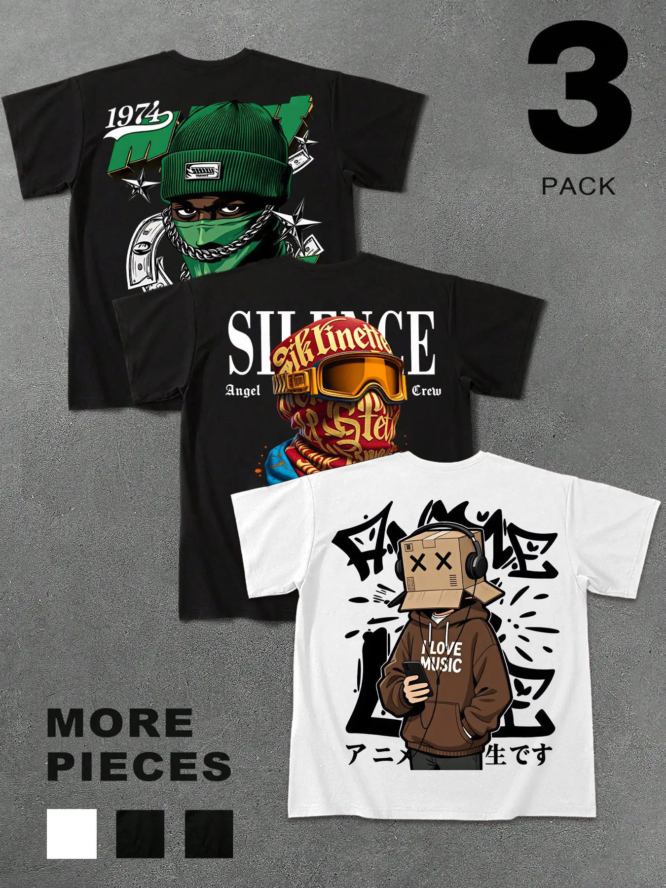 Men's Casual 3-Piece Short Sleeve T-Shirt Set, Graphic Printed Tee, Menswear, Unique Graffiti Prints, Trendy Streetwear, High Value, Perfect for Layering