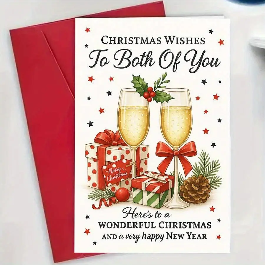 1pc Christmas Card with Envelope, Elegant Couple Christmas Greeting Card, Merry Christmas and Happy New Year Holiday Gift Card with Champagne and Gift Design, Creative Blessing Card for Husband Wife Friends Family