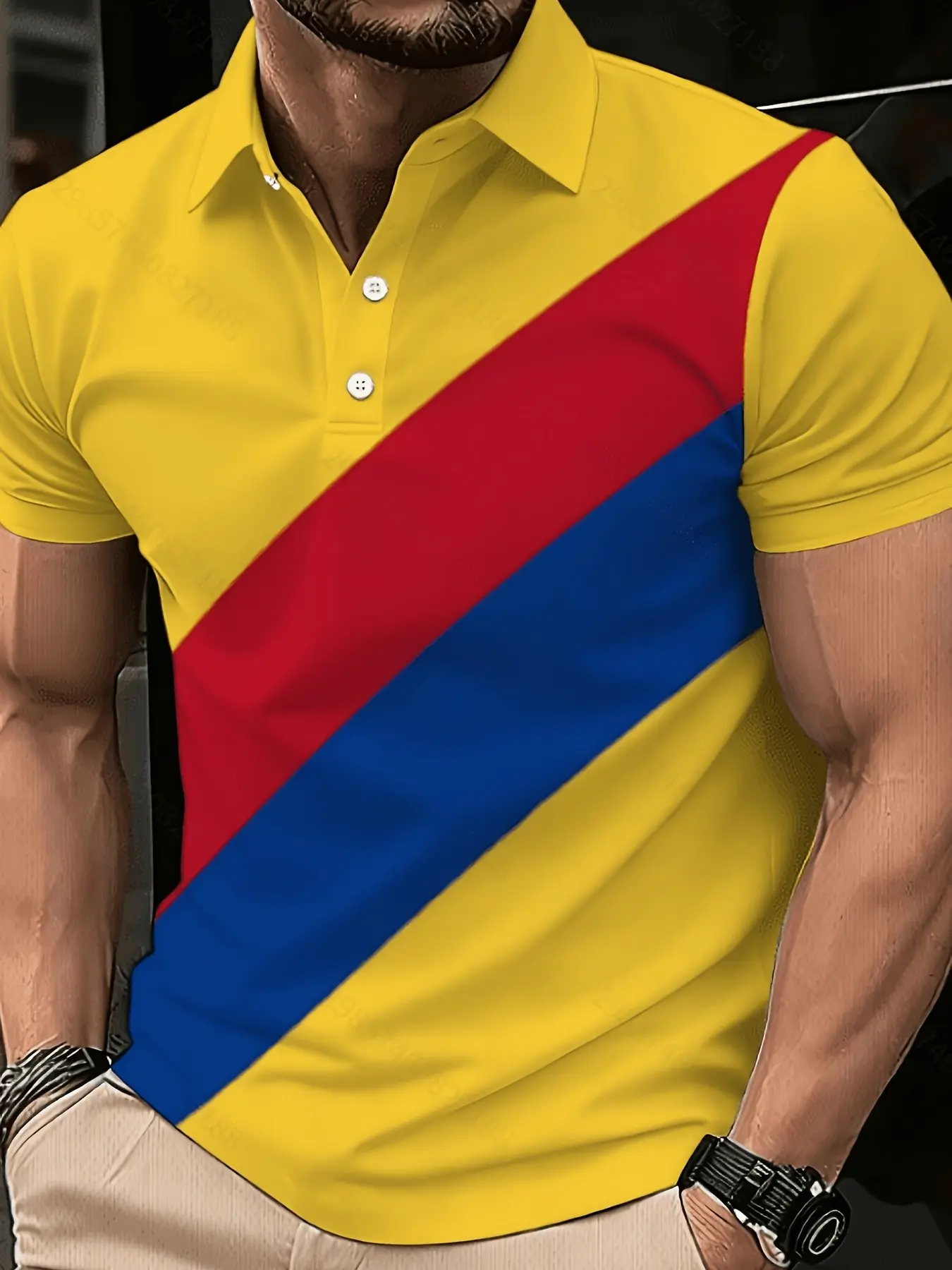 Men's Columbia Flag Striped Polo Shirt, Blue Colorblock Short Sleeve Casual Top, Loose-Fitting All-Season Hoodie/jumper