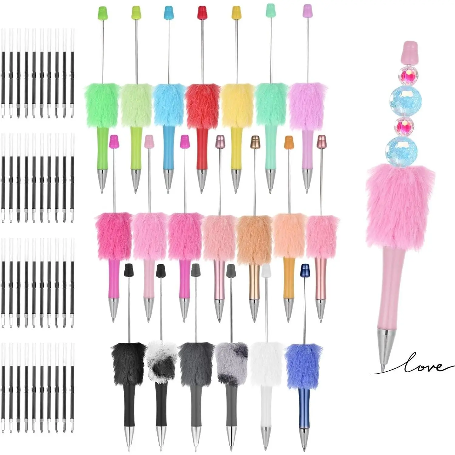 20 count  Beadable Pens, Cute Beaded Pen with Plush Ball DIY Beads Shaft 40 Refills Black Ink Ballpoint Pen with Focal Beads for Pens Office School Gifts (Multicolor)