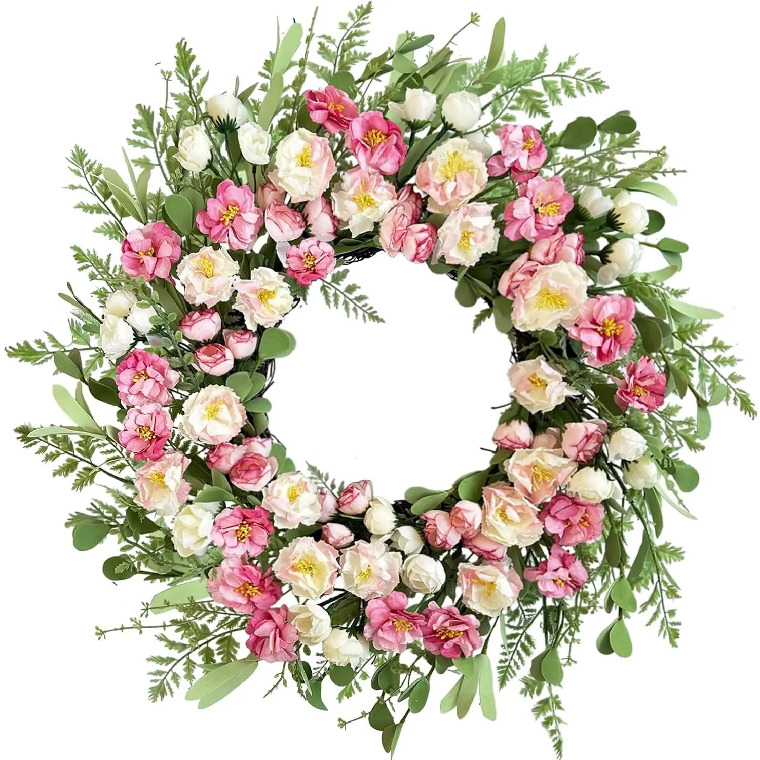 22 Inch White Pink Peony Spring Summer Wreath for Front Door, Handcrafted Wreaths Adorned with Camellia Boxwood, Spring Summer Farmhouse Flowers Door Wreath for Porch Window Wedding Party