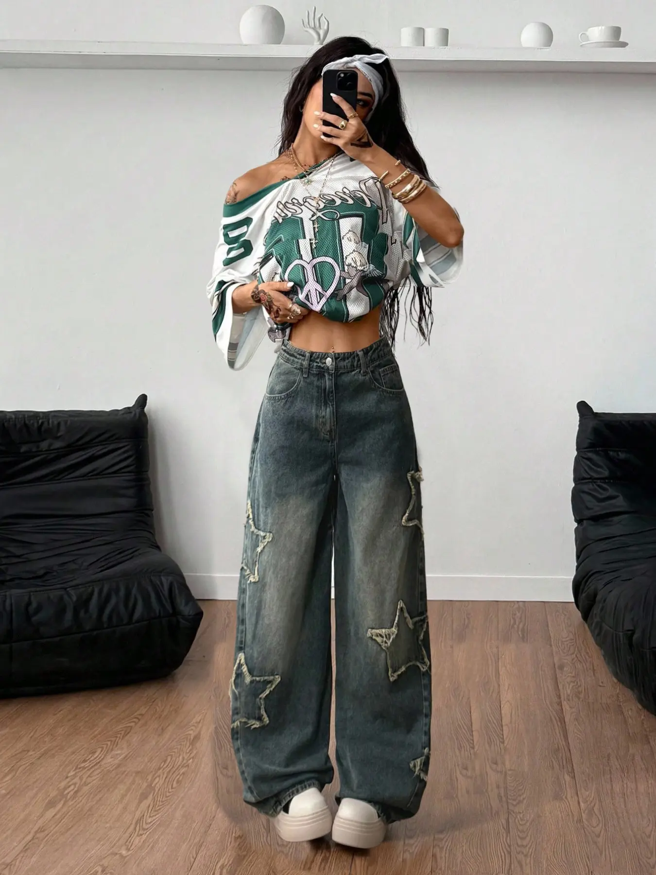 Vintage Washed Star Patch Frayed Wide Leg Jeans for Women, High Waist American Street Style Loose Fit Drop Crotch Pants
