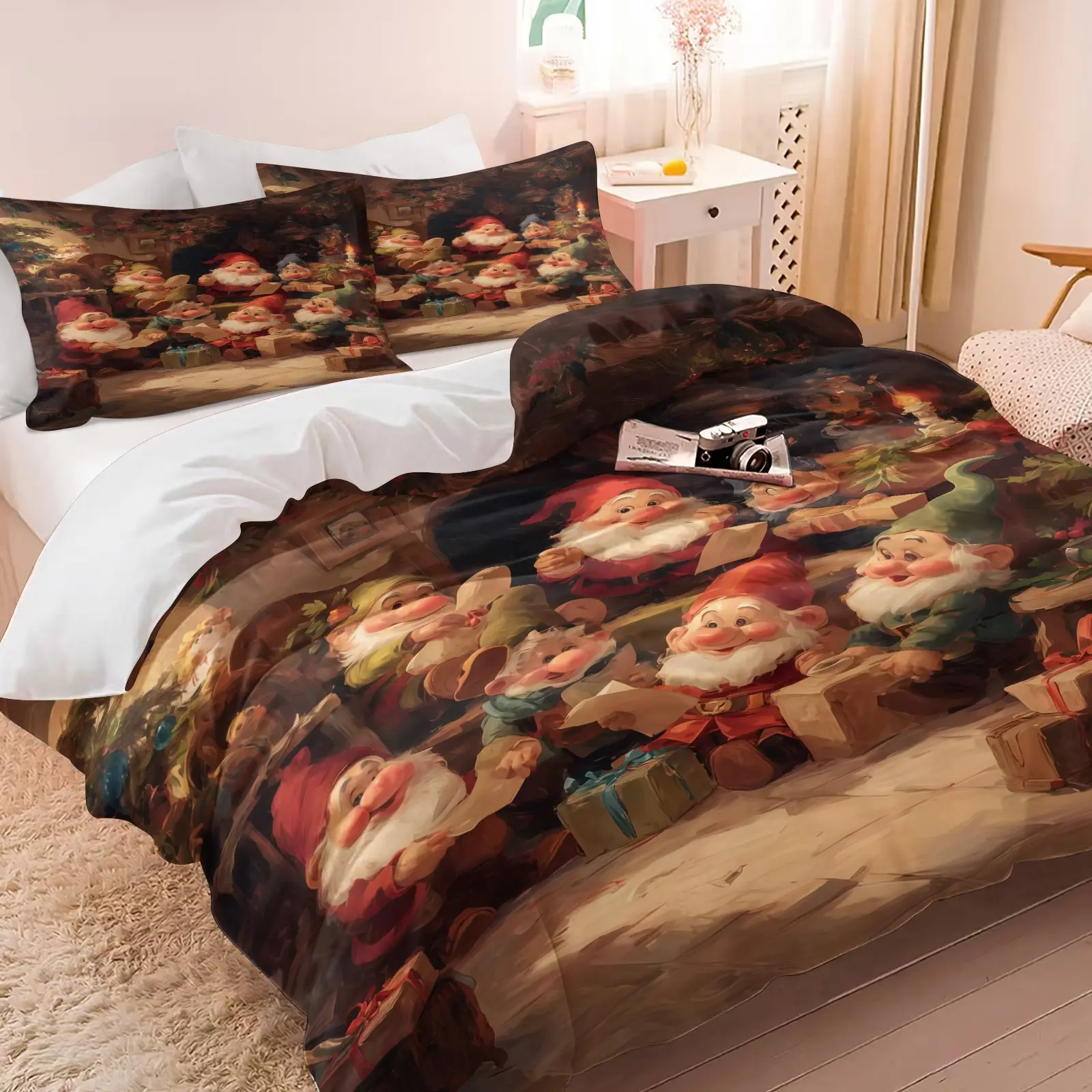 Christmas Themed Duvet Cover Set with Gnome Pattern, Stylish & Versatile Indoor Home Decor, Ideal Holiday Gift for Thanksgiving and Festivals, Suitable for Teens & Adults. Includes 1 Duvet Cover and 1 or 2 Pillowcases, Duvet & Pillow Inserts NOT INCLUDED