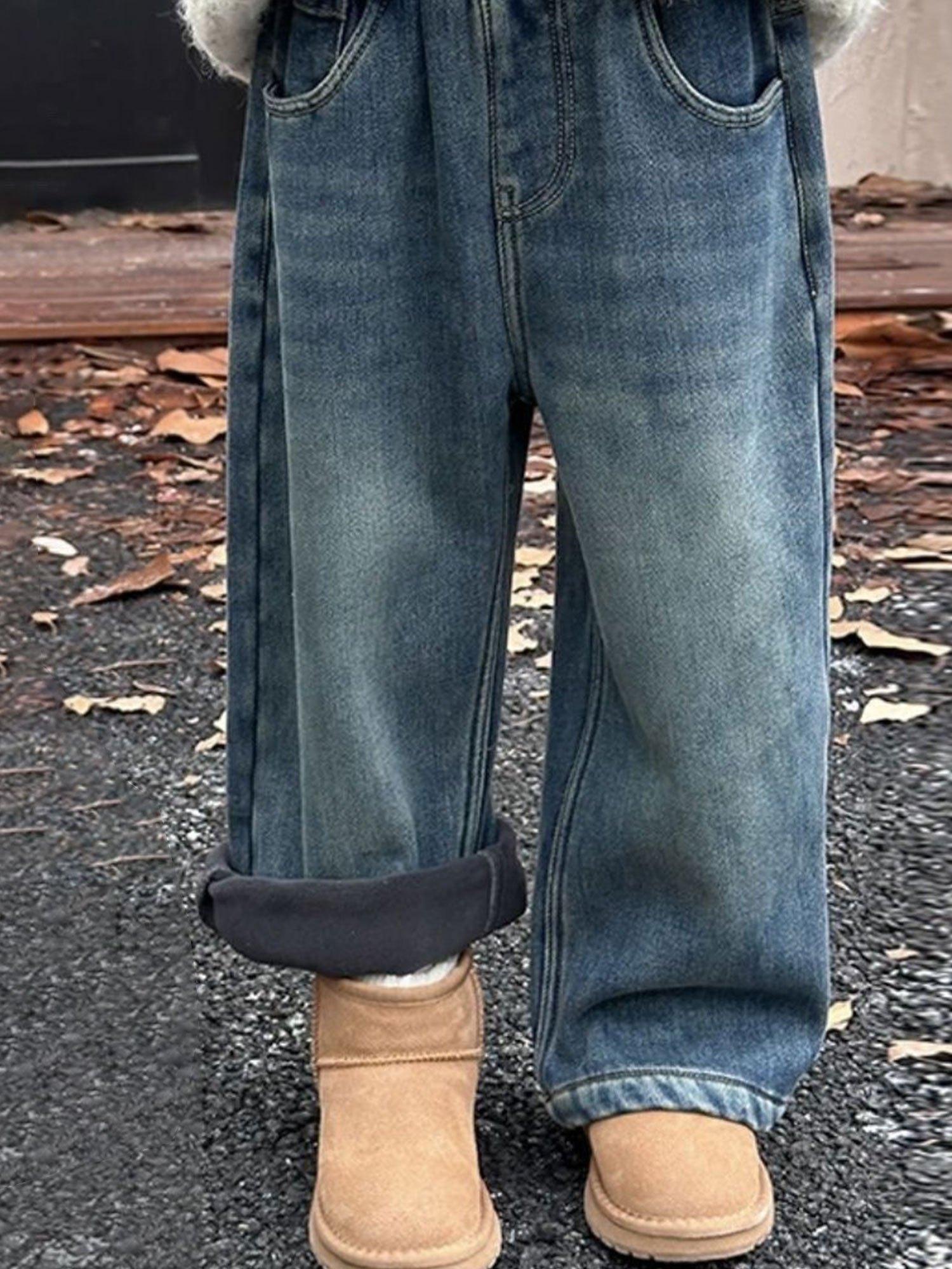 Girls' Fleece-Lined Thickened Warm Casual Washed Pants |         Autumn and Winter New Style, Loose Straight-Leg Silhouette, Elastic Waist, Long Length, Perfect for Going Out