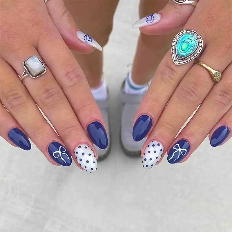 24pcs Medium Long Almond Press On Nails, Light Blue Nude Black Polka Dot French Fake Nails, Minimalist Cute Nail Art Design Removable False Nail Tips, Includes Jelly Glue & Nail File
