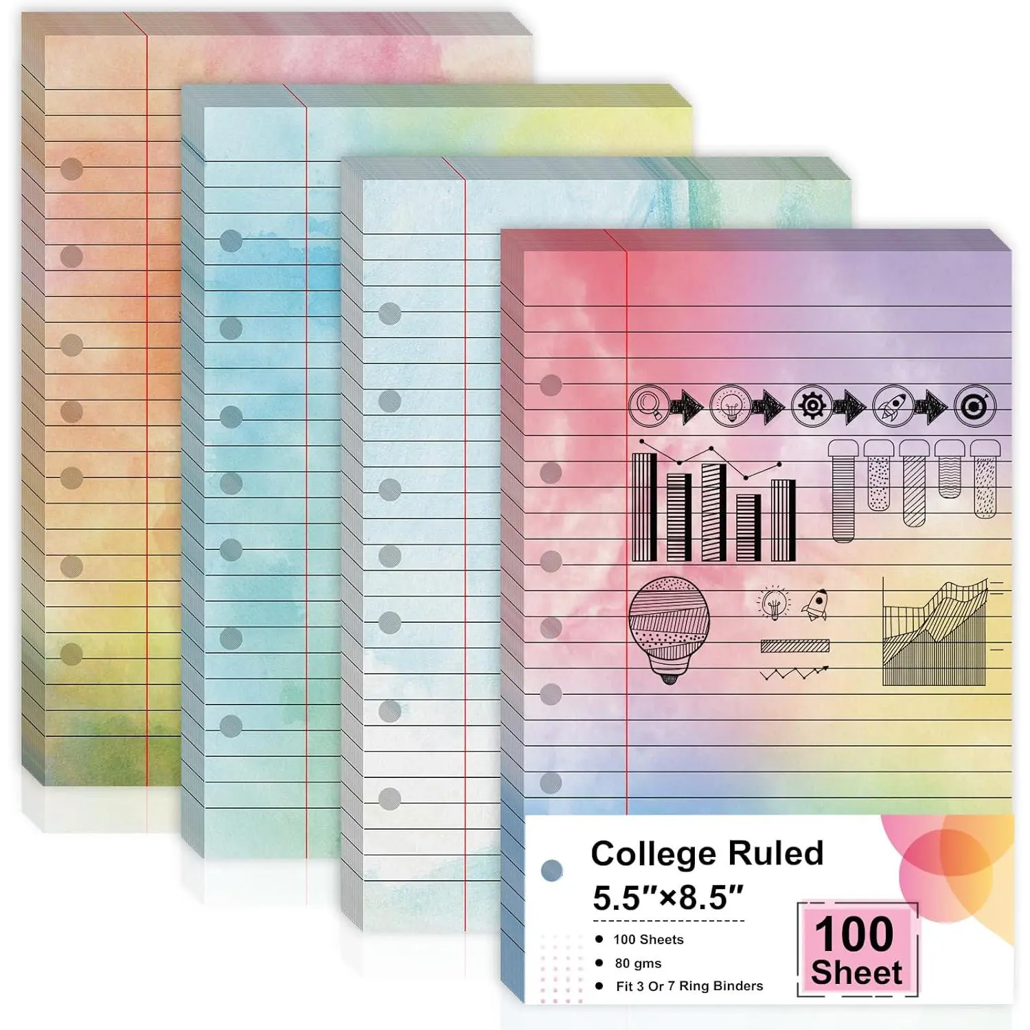 100 Sheet 5.5" x 8.5" Colored Loose Leaf Paper Half Letter Lined Paper 7 hole punched Wide Ruled Paper Refills College Ruled Notebook Paper Watercolor 80GSM For 3 Or 7 Ring Binders