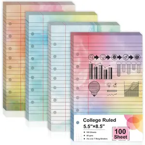 100 Sheet 5.5" x 8.5" Colored Loose Leaf Paper Half Letter Lined Paper 7 hole punched Wide Ruled Paper Refills College Ruled Notebook Paper Watercolor 80GSM For 3 Or 7 Ring Binders