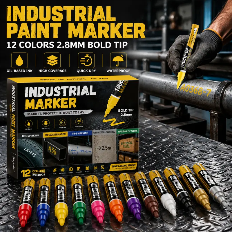 8/12 Colors Industrial Markers, Waterproof Oil-Based Paint Pens with 2.8mm Bold Tip, Quick Dry Tire Paint Markers for Automotive, Truck, SUV, Metal, Rubber, Wood & Glass