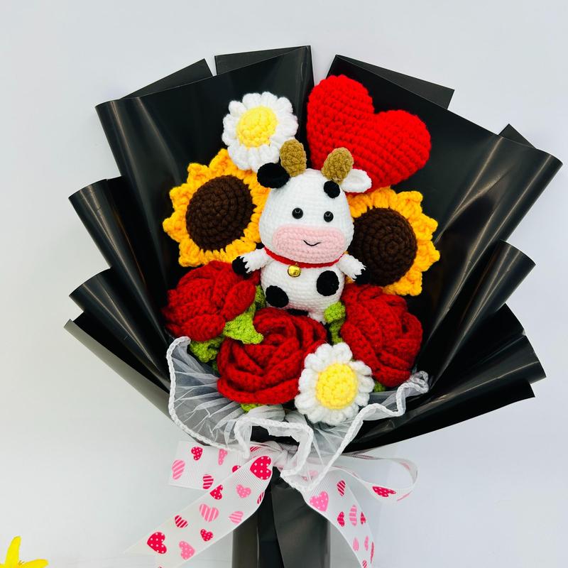 Crochet Sunflower and Cow Plush Bouquet, Handmade Knitted Flower Bouquet, Artificial Faux Rose Bouquet Arrangement, Artificial Flower Arrangements for Home, Party, Wedding, Anniversary and Festival Decor