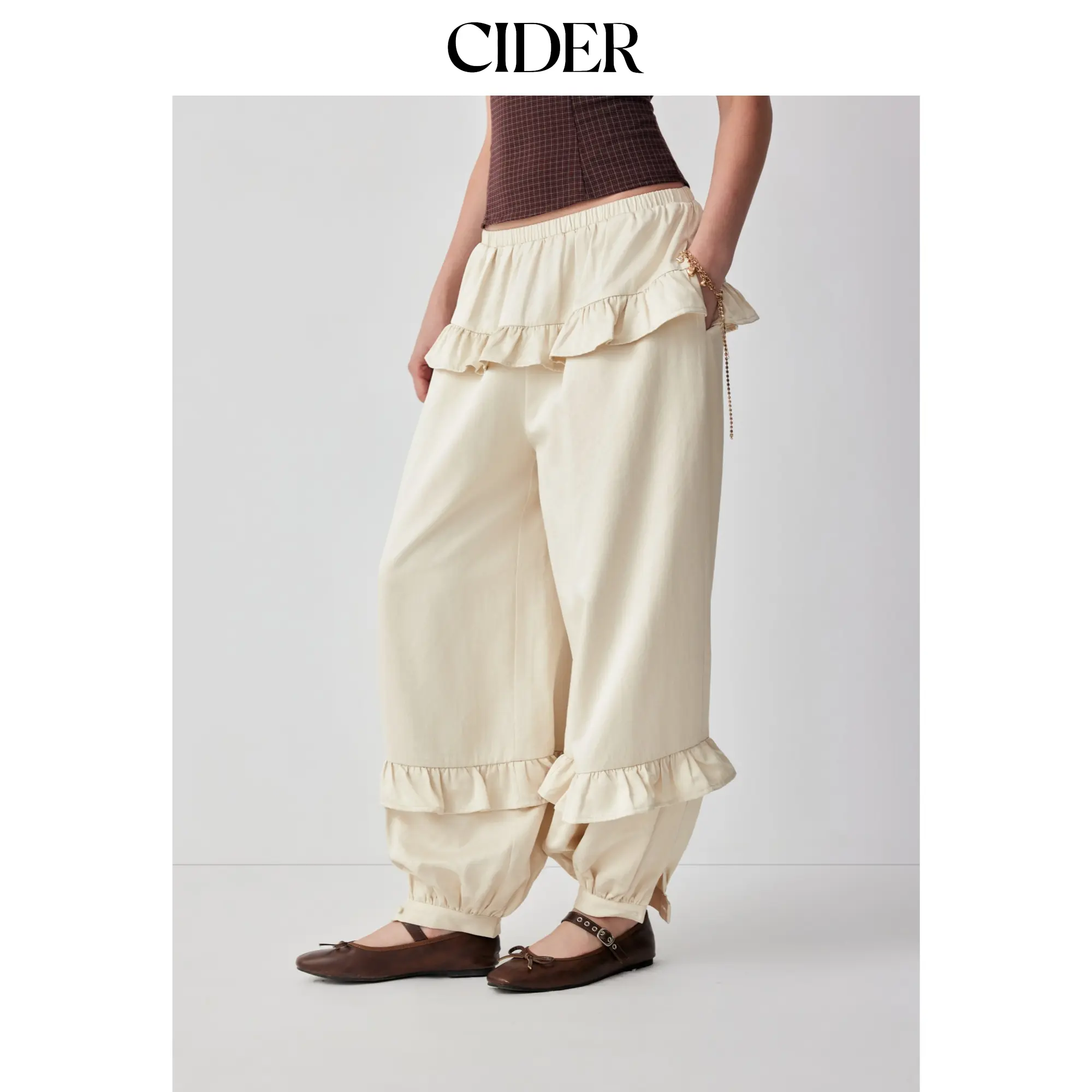 Cider Mid Rise Layered Ruffled Jogger Trousers