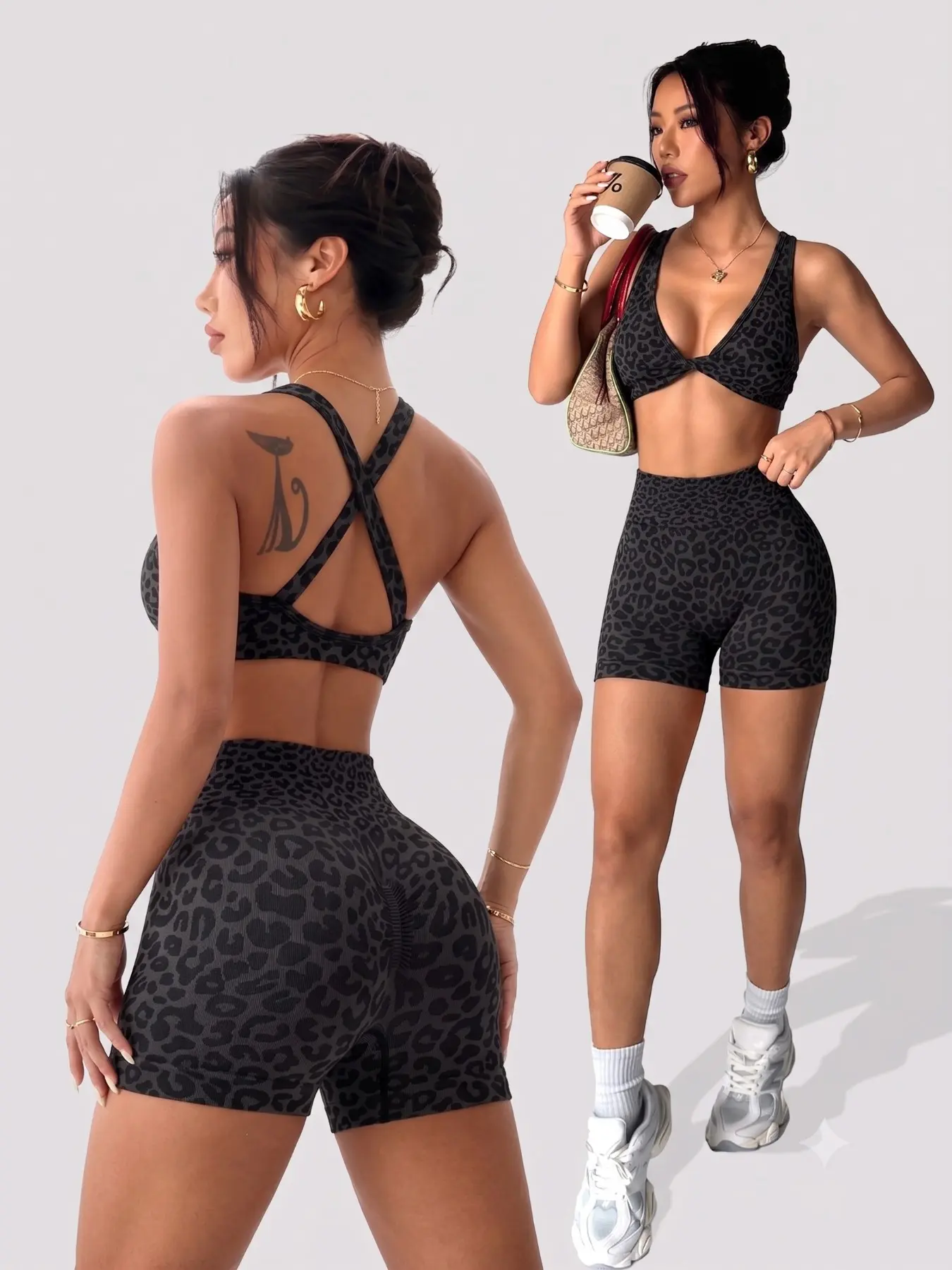 Women's Leopard Print Sports Set, Sporty Bra and Tight Shorts, High Waist Sleeveless for Fitness and Daily Exercise, Fitness Outfits, Activewear Shorts Sets