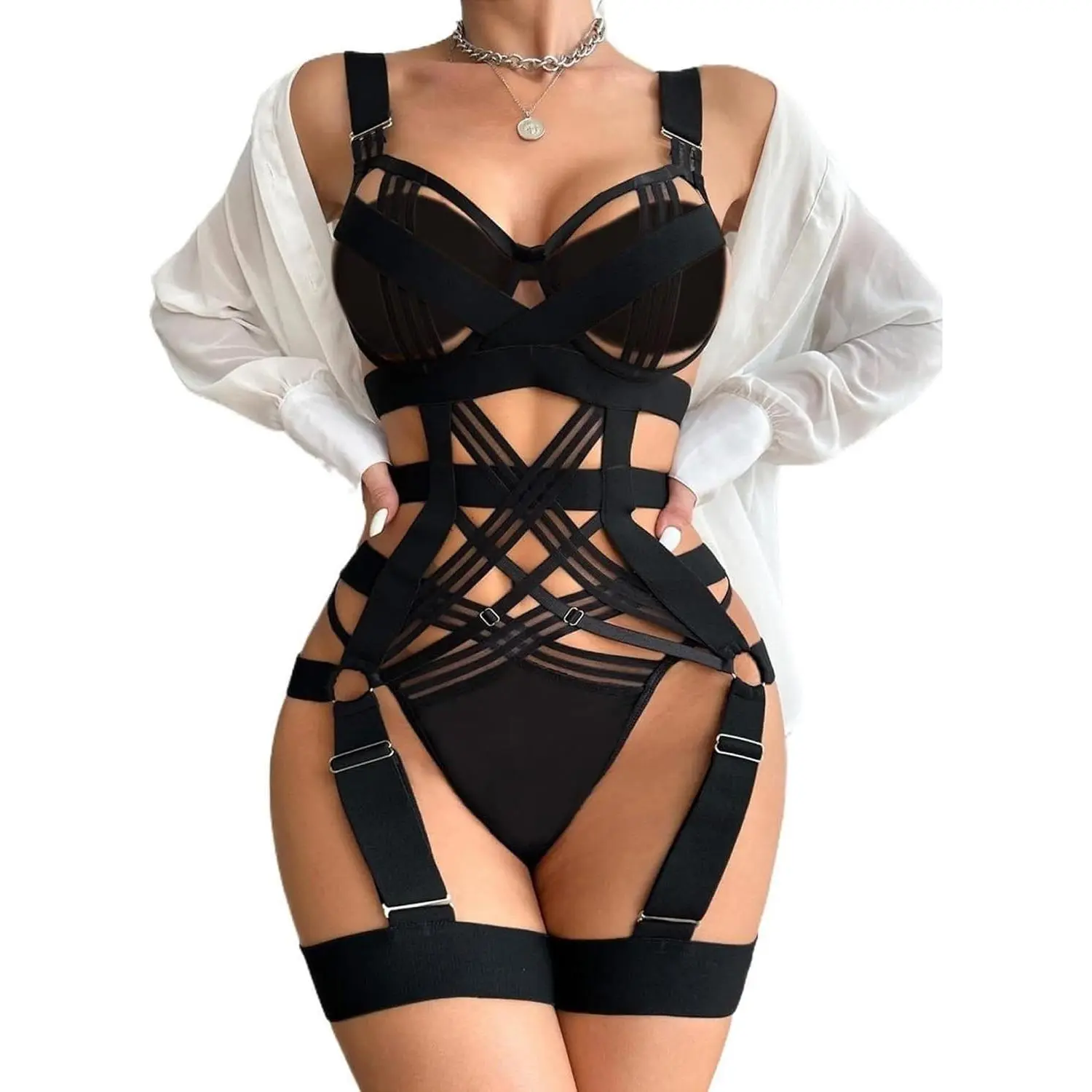 Womens Cutout Strappy Garter Underwire Babydoll Bodysuits