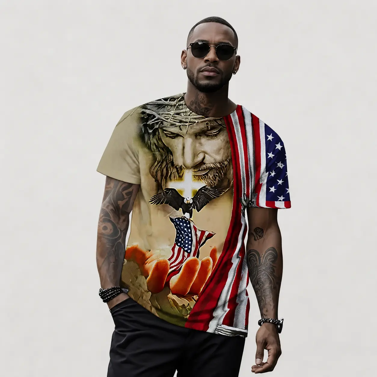 Religious American Flag Eagle Men'S 3D Print T-Shirt 100 Percent Polyester Material 3D Technology Round Neck Design Machine Washable And Dry Cleanable Christ with Crown of Thorns And American Flag Pattern for Patriotic Religious Events And