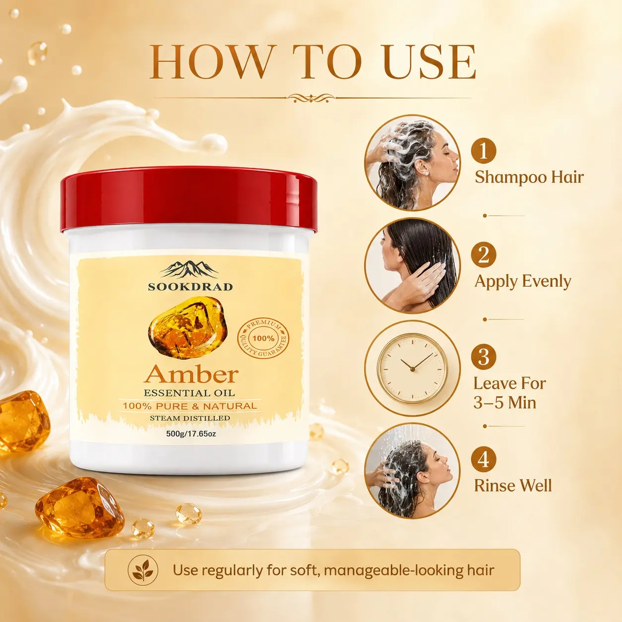 Amber Essential Oil, 100% Pure Natural, Steam Distilled, 17.65oz, Perfect For Aromatherapy, Body Massage, Skincare Blends, Daily Use, 500g