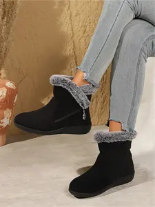 Fluffy Grey Fur Trim Thick Lined Snow Boots, Comfort Flat Dual Wear Indoor Outdoor Shoes