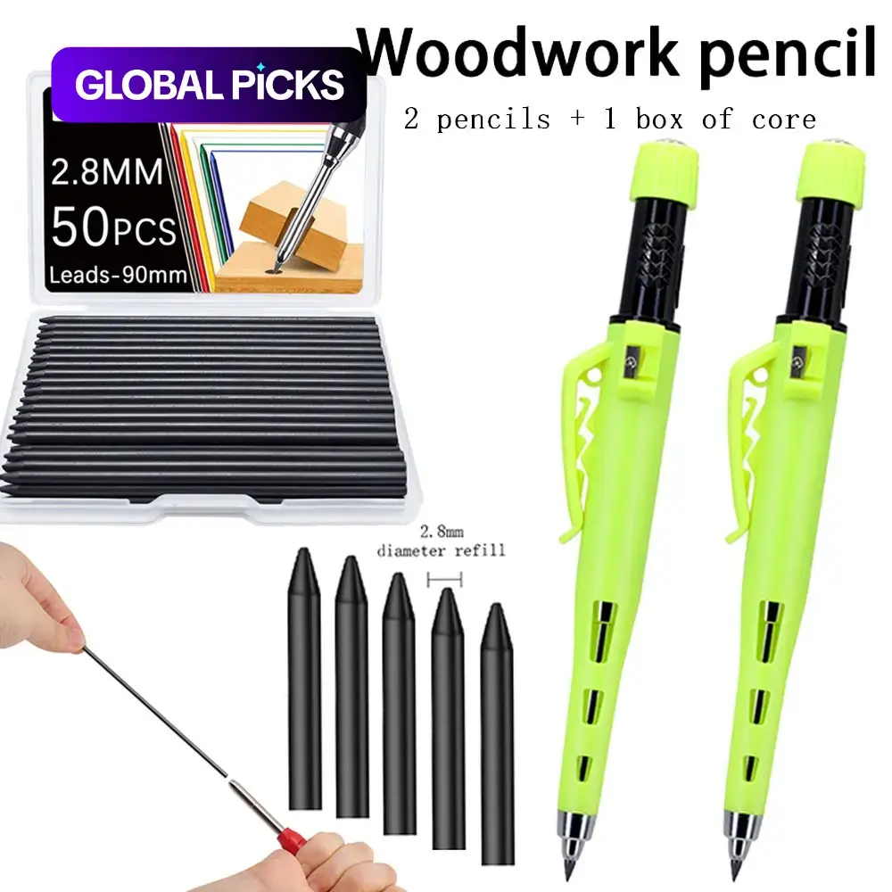 2.8mm Leather Grip Automatic Pencil, Black/Red Replaceable Refills, Deep Hole Marking & Drawing for Carpenters & Engineers, Woodworking Pencil, Construction Pencils (3 Pens + 100 Refills) #GLOBAL PICKS