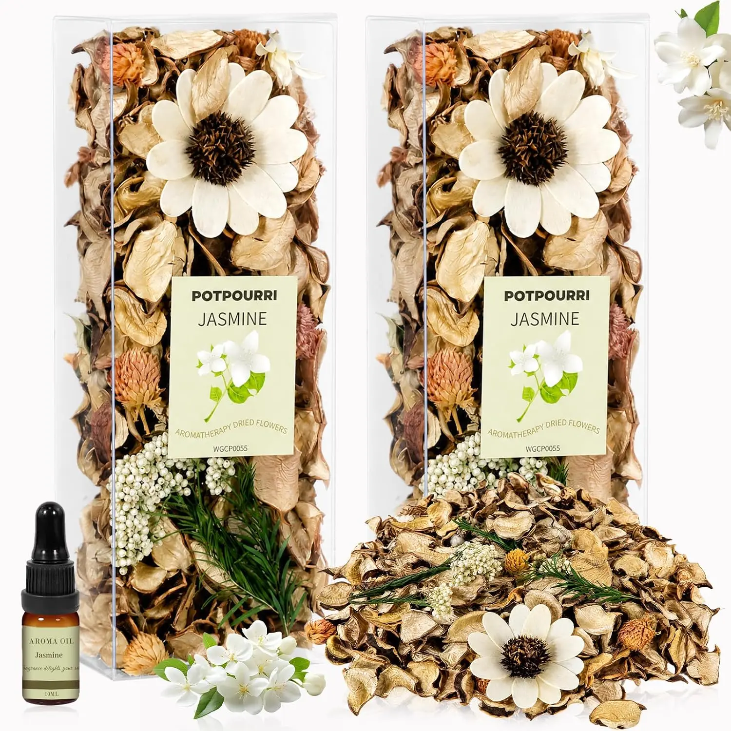 Potpourri Bowl Filler, Jasmine Scent Potpourri Bag with Essential Oil |   Summer Dried Flower Bag, 2-Pack, Bowl Vase Filler for Home Decoration