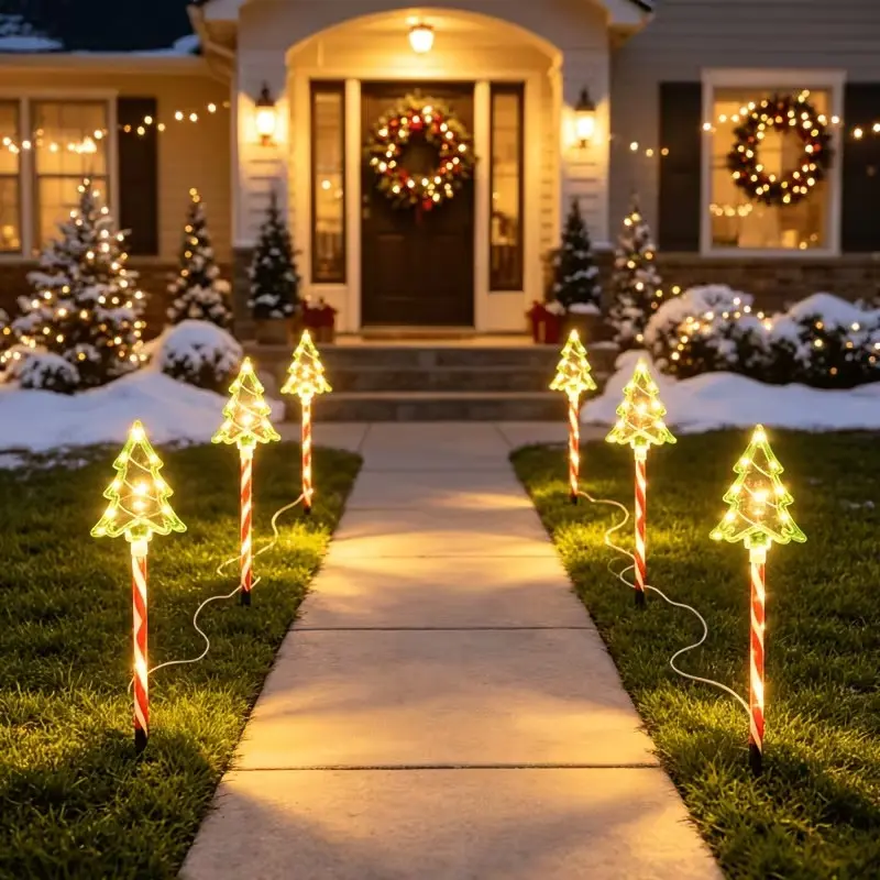 Set of 4 LED Battery-Powered Christmas Tree Lawn Stakes, 8 Lighting Modes, Festive Garden Courtyard Porch Decor, Holiday Atmosphere