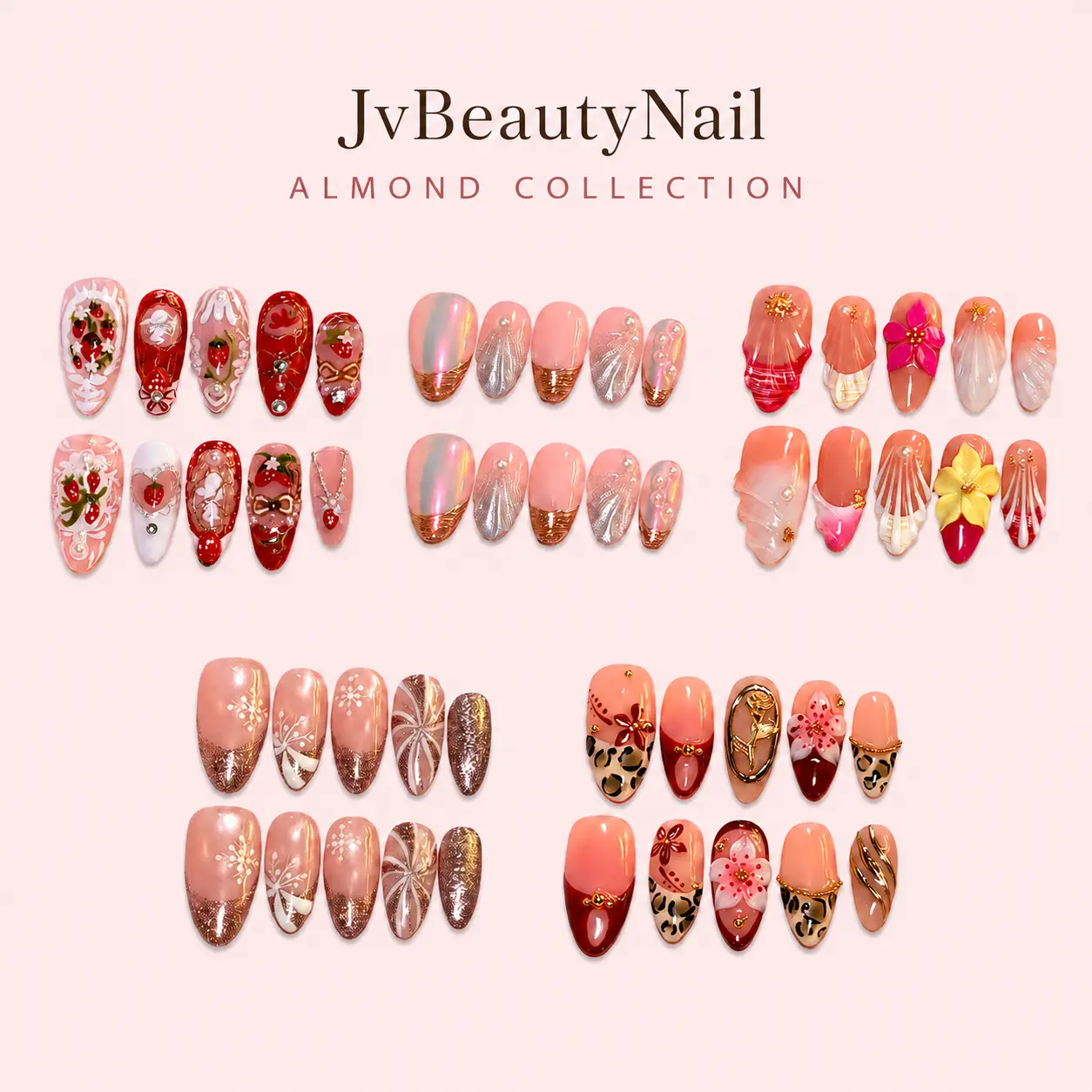 JvBeautyNail Handmade Almond Press-On Nails, 10-Piece Reusable False Nail Set for Salon-Style Instant Manicure