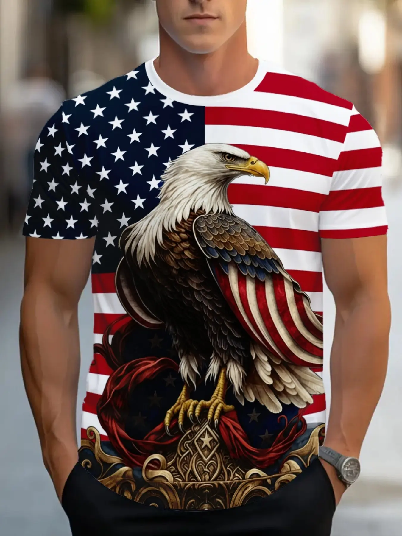 Men's American Flag Eagle Print T-Shirt, Casual Long Sleeve Top, Breathable Quick-Dry, Ideal for Sports, Streetwear, Daily Commute